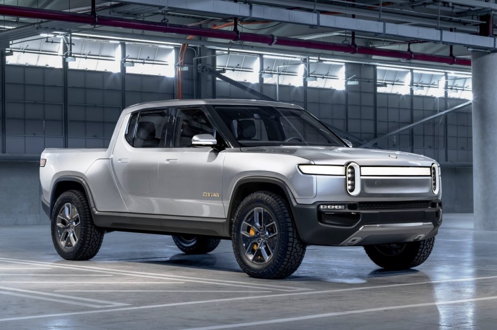 Rivian R1T electric pickup truck front three quarter view