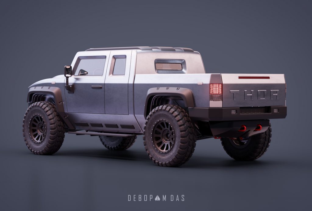 Thor electric pickup truck rear three quarter view 03
