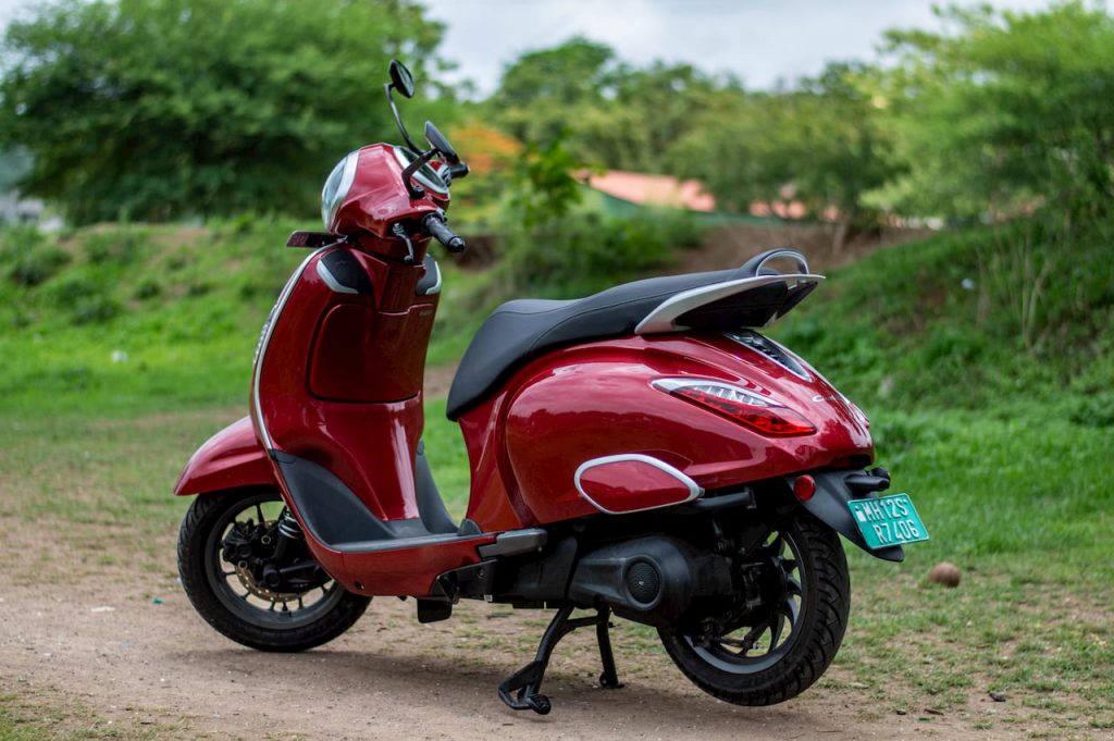 Bajaj Chetak electric scooter rear quarter view initial ownership review from Pune