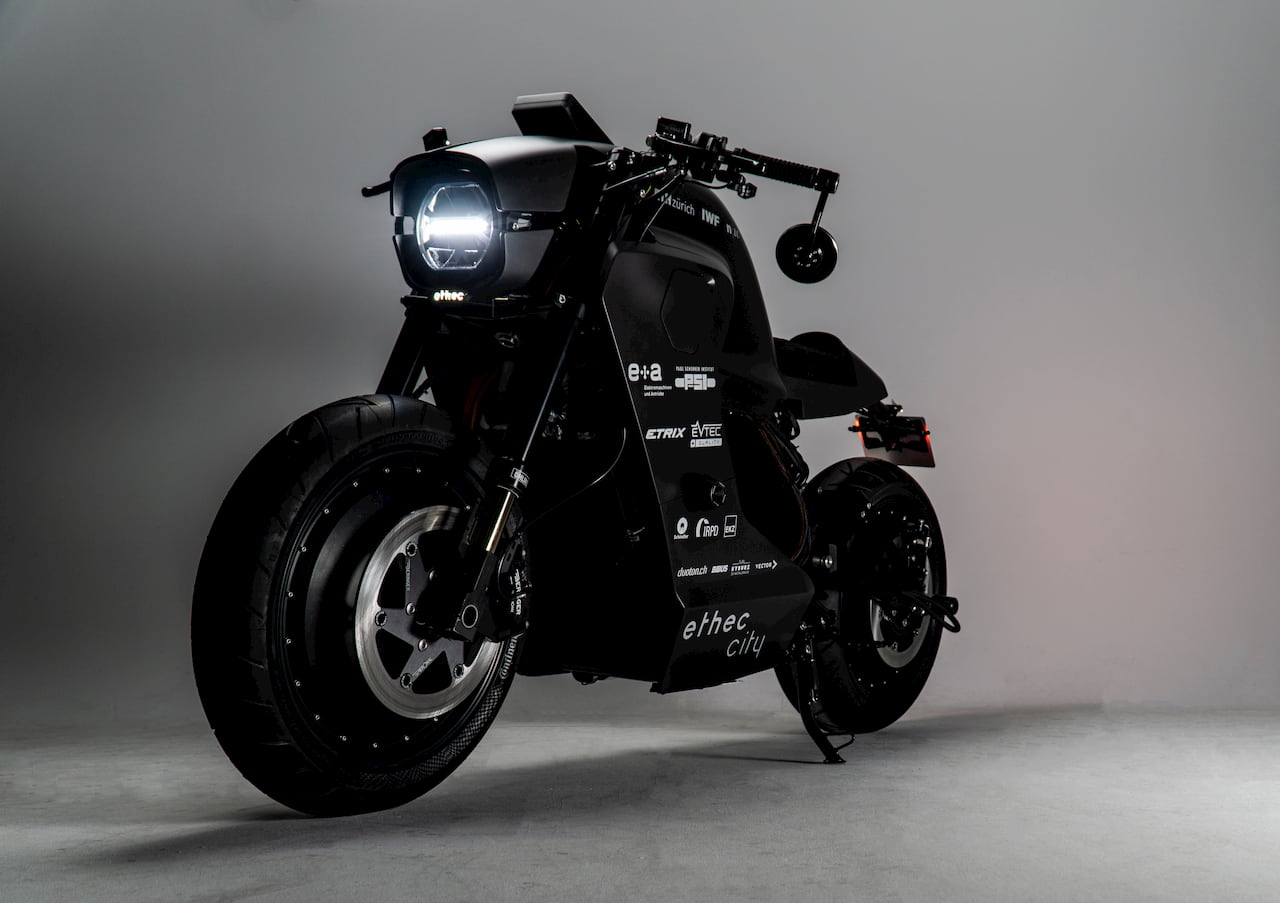 Ethec City electric motorcycle front three quarters Zurich