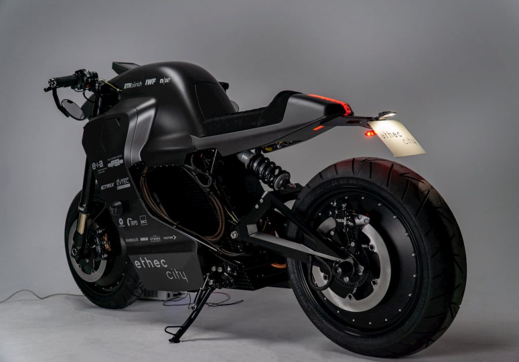 Ethec City electric motorcycle rear three quarters Zurich