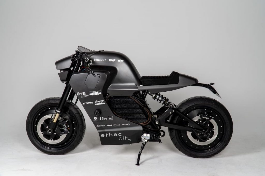 Ethec City electric motorcycle side view Zurich